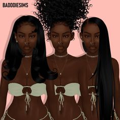 three black women with long hair wearing bras