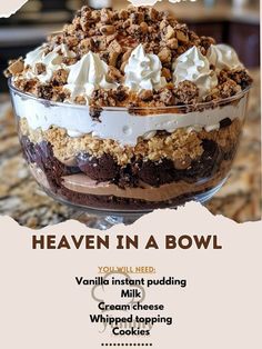 an advertisement for a dessert dish with the words heaven in a bowl written below it