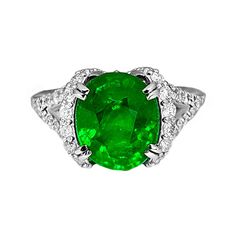 A Breathtakingly Striking  HANDMADE 14k White Gold Ring with Beautiful Oval Cut Tsavorite in Green color! The GEM is 4.41 CT and measures 10.50x8.87x6.07 mm! This Stone will take your breath away, especially on the sunlight! You will want to look at this stone endlessly. The mounting is a masterpiece! HANDMADE 14K White Gold Mounting (tested), that was is custom made to Accommodate this Beauty of a Gem in Prongs setting! Super FINE Workmanship on the Diamond prong  setting with 52 pcs Brilliant Full Cut Diamonds in GH color, SI1 clarity, totaling to approx 0.84 ct! Fabulous Braided Band and Diamond Gallery! The Entire Top's outline is 10.73x12.21 mm- HUGE. The Ring weights 5.0 g, nice and SOLID. Sits 8.3 mm off the top of the finger. Finger size 7 (Free Re-sizing with purchase). Center Sto Luxury Green Oval Gemstones, Gia Certified Oval Green Diamond Ring, Oval Green Diamond Gemstones, Classic Oval Tsavorite Ring, Oval Tsavorite Diamond Ring For Formal Occasions, Oval Tsavorite White Gold Ring, Oval Tsavorite Ring In White Gold, Gia Certified Oval Emerald Gemstone, Gia Certified Oval Emerald