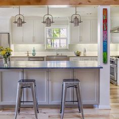 two stools sit at the center of a kitchen island in front of an open floor plan