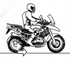 a black and white drawing of a person on a motorbike with an arrow pointing to the right