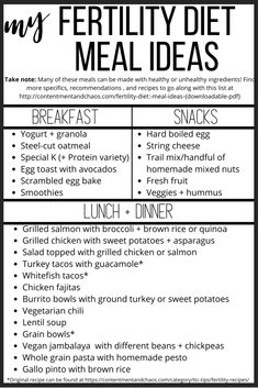 an image of a healthy diet list with the words,'my fertity diet meal ideas '