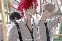 two anime guys with red hair and suspenders