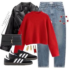 Red Shirt Outfits, Red Sweater Outfit, Outfits Con Jeans, Look Adidas, Red X, Pop Of Red, Stylish Work Outfits, Red Sweater