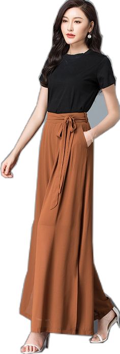 High Waist Brown Skirt, Brown High-waisted Harem Pants For Spring, High-waisted Brown Harem Pants For Spring, Brown Solid Color Long Skirt, High Waist Solid Brown Bottoms, Brown High-waisted Harem Pants With Elastic Waistband, Elegant Summer Harem Pants With Pockets, Chic Solid Color Long Skirt, Brown High Waist Pleated Skirt