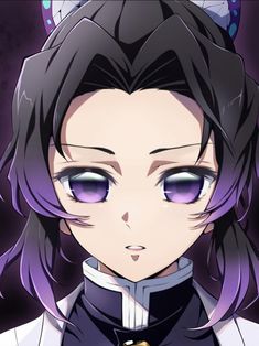 an anime character with blue eyes and purple hair, wearing a black outfit in front of a dark background