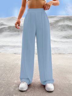 Solid Wide Leg Pants Baby Blue Casual   Woven Fabric Plain Straight Leg Slight Stretch  Women Clothing, size features are:Bust: ,Length: ,Sleeve Length: Baby Blue Pants, Ankle Socks Women, Women Pants, Lilac Purple, Girls Pajamas, Blue Pants, Inspiration Mode, Casual Girl, Straight Pants