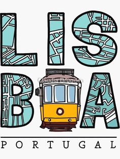 a yellow train traveling past the word busa in portuguese and english letters with an image of a trolley on it