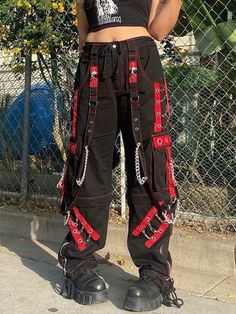 ⚡️Buy Chain Embellished Strap Straight Leg Pants at the best price with offers in the USA. ✓Free Shipping on all orders over US$69. ✓Best and for sale at www.anotherchill.com. Tomboy Fits, Style Wide Leg Pants, Mode Punk, Punk Emo, Outfits Retro, Trendy Pants, Estilo Grunge, Vintage Trousers, Dark Style