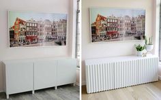 two pictures side by side of a white radiator and a painting on the wall