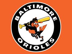 the baltimore orioles logo is shown in black and white, with an orange baseball bat