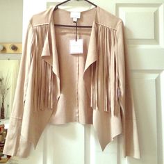 Very Soft And Smart Jacket. Suede Like. 90% Polyester, 10% Spandex. Chic Beige Outerwear With Fringe, Chic Beige Fringe Outerwear, Beige Tasseled Outerwear For Spring, Beige Tasseled Spring Outerwear, Fitted Spring Outerwear With Tassels, Fitted Fall Outerwear With Tassels, Fitted Outerwear With Tassels For Spring, Trendy Spring Outerwear With Tassels, Trendy Outerwear With Tassels For Spring