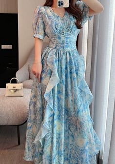 Size chart (CM) size Length Bust Waist Sleeve Shoulder S 125 88 68 27 35 M 126 92 72 27 36 L 127 96 76 27.5 37 XL 128 100 80 27.5 38 Sleeve Style: Puff SleeveNeckline: V-NeckDecoration: RUFFLESStyle: BohemianMaterial: PolyesterClosure Type: zipper Long Party Dresses, The Starry Night, Dress Women Elegant, Chiffon Ruffle, Party Dress Long, The Divine, Vintage Painting, Party Dresses For Women, Fancy Dresses