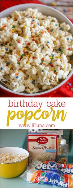 birthday cake popcorn with sprinkles in a bowl and on the table next to it