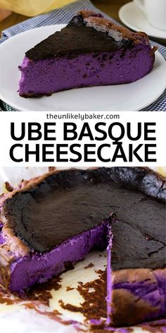 a chocolate cheesecake with purple frosting on top and the bottom is cut in half