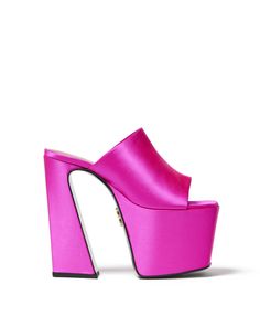 Our Harlo Platform Mule in Hot Pink Satin with Signature B Logo Hot Pink Platform Heels, Brandon Blackwood, Pink Platform Heels, Pink Platform, Denim Heels, Strappy Leather Sandals, B Logo, Rose Shoes, Pleaser Shoes