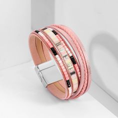 Material: Artificial Leather Style: Bohemian Pink Bohemian Wrap Bracelet, Multicolor Leather Bracelet In Bohemian Style, Multicolor Bohemian Leather Bracelet, Trendy Multicolor Braided Bracelet, Bohemian Leather Bracelet For Beach, New Bohemian, Buckle Fashion, Buckles Fashion, Snap Bracelets