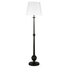 a floor lamp with a white shade on it's base and a black stand