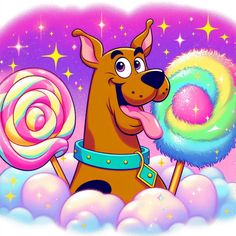 a cartoon dog holding a giant lollipop in its mouth