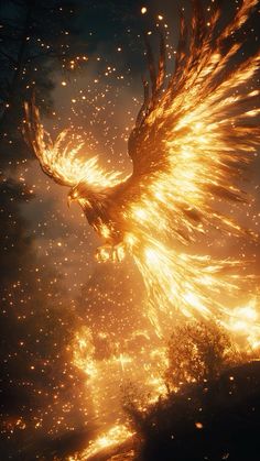 a bird flying through the air with fire in it's wings and glowing lights