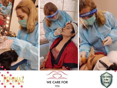 three pictures of a woman getting her teeth checked by a dental technician and an assistant