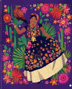 an image of a woman in mexican dress with flowers and cactuses on the background