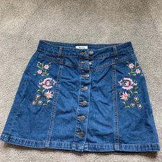 So Cute And Springy!! Stand Out With Unique Embroidery That Looks Brand New! Casual Denim Skirt With Floral Embroidery, Casual Embroidered Blue Skirt, Casual Blue Skirt With Floral Embroidery, Casual Blue Embroidered Skirt, Spring Embroidered Denim Skirt, Casual Embroidered Denim Skirt For Summer, Casual Embroidered Denim Blue Skirt, Casual Embroidered Denim Skirt, Embroidered Medium Wash Denim Skirt