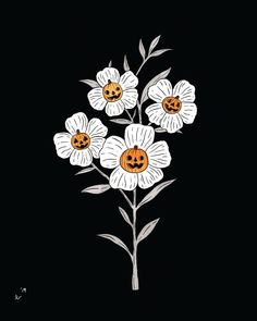 three white flowers with faces drawn on them in the night sky, and one has a jack - o'- lantern face