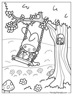 a cartoon character swinging on a swing in the park with mushrooms and flowers around it