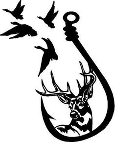 a black and white drawing of a deer with a hook in its mouth, surrounded by birds