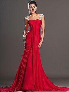 Jewelled Straps Draped Chiffon Mermaid Evening Dress - USD $154.99 Red Wedding Gowns, Evening Dresses Uk, Wedding Gowns With Sleeves, Red Wedding Dresses, Red Gown, Bridal Party Dresses, Red Gowns, Mermaid Evening Dresses, Chiffon Prom Dress