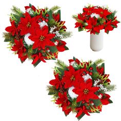 three red poinsettis and greenery in a white vase