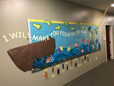 a bulletin board with an image of a boat on it and words that read i will make you fishers of men