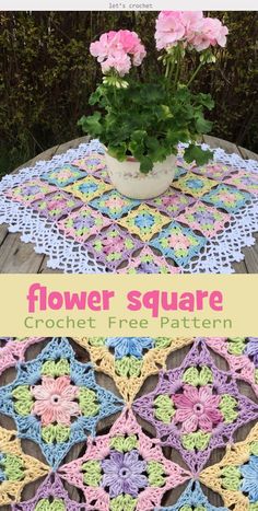 a crocheted flower square on top of a table next to a potted plant