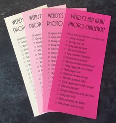 three pink and white wedding photo checklist cards on a table with the words weddy's photo