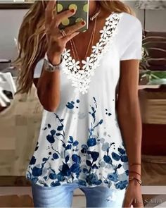 Lasaky - Contrast lace T-shirt with plant print Lace Tshirt, Fashion Materials, Summer Style Casual, Printed Tank Tops, White Tank Top, Amazon Tiktok, Chic Outfits, Floral Tops, Tank Tops Women