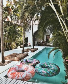 an inflatable pool is surrounded by palm trees and other tropical plants, while two lounge chairs sit next to the pool