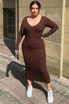 Available In Black Ribbed Dress V Neckline Ankle Length Long Sleeve Knit 80% Rayon 20% Nylon Imported | Kallan Knit Dress in Brown size 1X by Fashion Nova Brown Ribbed V-neck Dress, Brown V-neck Ribbed Dress, Fitted Brown Sweater Dress With V-neck, V-neck Knit Sweater Dress With Stretch, Kallan Knit Dress, Winter Dress Plus Size, Mama Outfits, Skirts Winter, Black Ribbed Dress