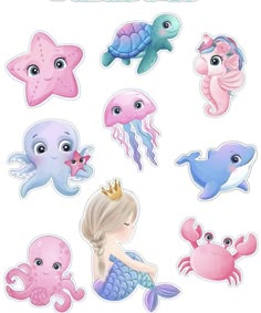 the little mermaid stickers are in different colors and sizes, including pink, blue, green