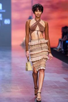 Shop for Nikita Mhaisalkar Beige Tulle Raffia Fringe Trim Skirt for Women Online at Aza Fashions Raffia Skirt, Beige Midi Skirt, Beads Fabric, Chic Crochet, Tan Fabric, Beige Skirt, Crochet Braid, Body Top, Skirt For Women