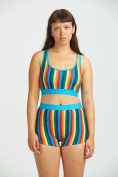 Iona Is Our Crop Top Shape Made In Super Soft Bamboo Fabric. Available In Her Rainbow Stripe! Our Fit Crop Top Racer Back Shape Light Support Stretchy Elasticated Underband The Fabric 68% Bamboo, 28% Organic Cotton, 4% Elastane Made From Fsc Certified Bamboo, Ocs Organic Cotton And Elastane. The Fabric Is Super Soft, Breathable And Stretchy Yak Care Machine Washable On A Very Gentle Wash Reshape While Damp Modelled By Emily, Uk10, 5Ft6, Wears S Kyra, Uk22, 5Ft4, Wears 2Xl Made In Turkey 68% Bamb Lucy Yak, Swim Shorts Women, Beach Stuff, Hair Socks, Dungarees Shorts, Pajama Suit, Workout Crop Top, Boxer Shorts, Rainbow Stripes