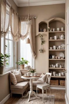 Cozy corner with a small table, chairs, plants, and shelves filled with cups and teapots. Coffee Nook With Seating, Shabby Chic Interior Design Style, Coffee Nook Ideas, Cozy Coffee Nook, Coffee Corner Ideas, Coffee Nooks, Micro Bakery, Nook Inspiration, Tea Room Decor