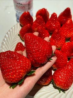 a person is holding strawberries on a plate