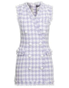 Balmain Gingham tweed and signature button detailing define this sleevess wrap dress with double-breasted styling. 71% Cotton 17% Polyamide 12% Acetate Dry Clean Made in UK Spring Plaid Tweed Dress, Spring Tweed Dress With Houndstooth Pattern, Spring Office Tweed Dress With Houndstooth Pattern, Chic Spring Tweed Dress With Houndstooth Pattern, Spring V-neck Tweed Dress, Spring Houndstooth Tweed Dress, Tweed Dress, Double Breasted, Peplum Top