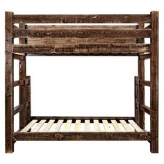 the wooden bunk bed is made from wood and has two rails on each side,