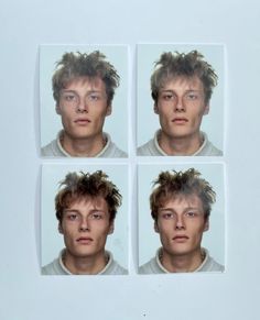 four pictures of a young man with different hair styles and facial expressions, all in white paper