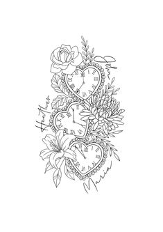 a black and white drawing of a clock with flowers on it's side, in the shape of a heart