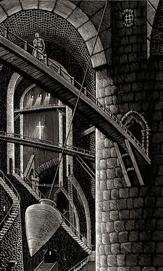 a black and white drawing of a stairway in a castle with stairs leading up to it