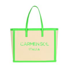 Our spacious tote is crafted from colorful vegan leather trim and canvas Features: 100% Made in Italy Open top Spacious interior with zipped compartment and 2 slip pockets Recyclable canvas Trim: vegan leather Lining: cotton Bag feet covered by matching vegan leather Tridimensional branded Carmen Sol logo at front Limited edition Carmen Sol "Italia"collection Size: 16.5"W x 13"H x 5.1"D Sol Logo, Telfar Bag, Jelly Purse, Bracelet Size Chart, Extra Large Canvas, Rose Scented Products, Gold Baby, Beach Lovers, Shoe Size Chart