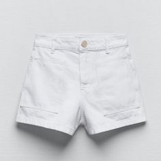 High-Waist Bermuda Shorts With Front Patch Pockets And False Welt Back Pockets. Zip Fly And Top Button Fastening. 100% Cotton New, Never Worn. Zara Shorts, Zara White, White Denim, Patch Pocket, Bermuda Shorts, High Waist, Color White, Zara, High Waisted